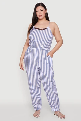Womens Plus Size Wooden Beaded Detail Striped Jumpsuit, Blue, Size 3X