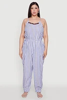 Womens Plus Size Wooden Beaded Detail Striped Jumpsuit, Blue, Size 3X