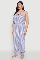 Womens Plus Size Wooden Beaded Detail Striped Jumpsuit, Blue, Size 3X