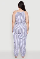 Womens Plus Size Wooden Beaded Detail Striped Jumpsuit, Blue, Size 3X