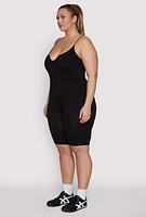 Womens Plus Size Ribbed Knit Notch Neck Cami Romper, Black, Size 3X-4X