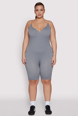 Womens Plus Size Ribbed Knit Notch Neck Cami Romper, Grey, Size 3X-4X