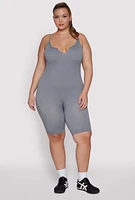 Womens Plus Size Ribbed Knit Notch Neck Cami Romper, Grey, Size 3X-4X