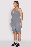 Womens Plus Size Ribbed Knit Notch Neck Cami Romper, Grey, Size 3X-4X