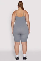 Womens Plus Size Ribbed Knit Notch Neck Cami Romper, Grey, Size 3X-4X