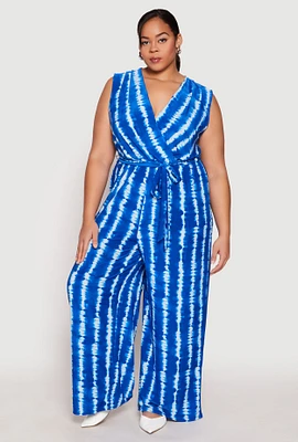 Womens Plus Size Tie Dye Faux Wrap Tie Waist Jumpsuit, Blue, Size 2X