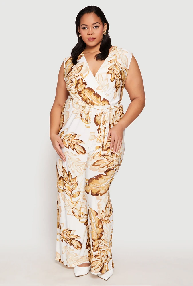 Womens Plus Size Leaf Print Faux Wrap Tie Waist Jumpsuit, Multi, Size 1X
