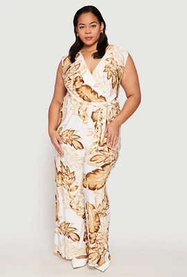 Womens Plus Size Leaf Print Faux Wrap Tie Waist Jumpsuit, Multi, Size 1X