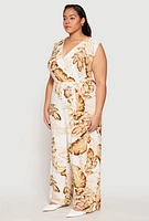 Womens Plus Size Leaf Print Faux Wrap Tie Waist Jumpsuit, Multi, Size 1X
