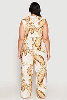 Womens Plus Size Leaf Print Faux Wrap Tie Waist Jumpsuit, Multi, Size 3X