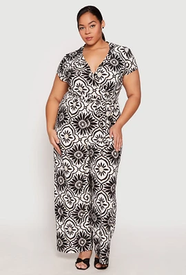 Womens Plus Size Printed Pattern Faux Wrap Jumpsuit, Black, Size 2X