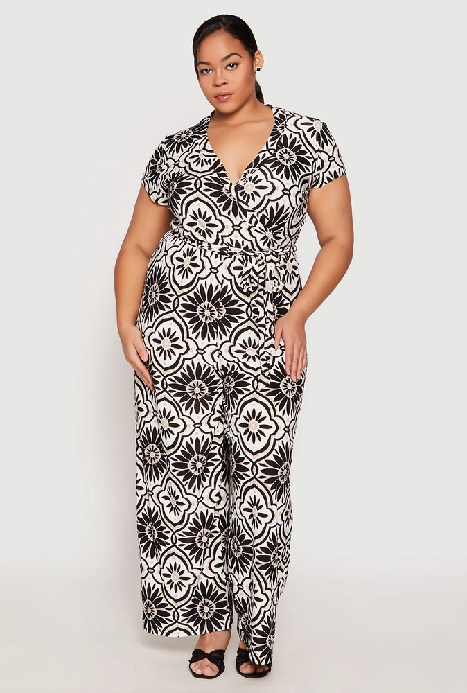 Womens Plus Size Printed Pattern Faux Wrap Jumpsuit, Multi, Size 1X