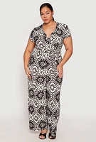 Womens Plus Size Printed Pattern Faux Wrap Jumpsuit, Multi, Size 1X