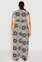 Womens Plus Size Printed Pattern Faux Wrap Jumpsuit, Black, Size 2X