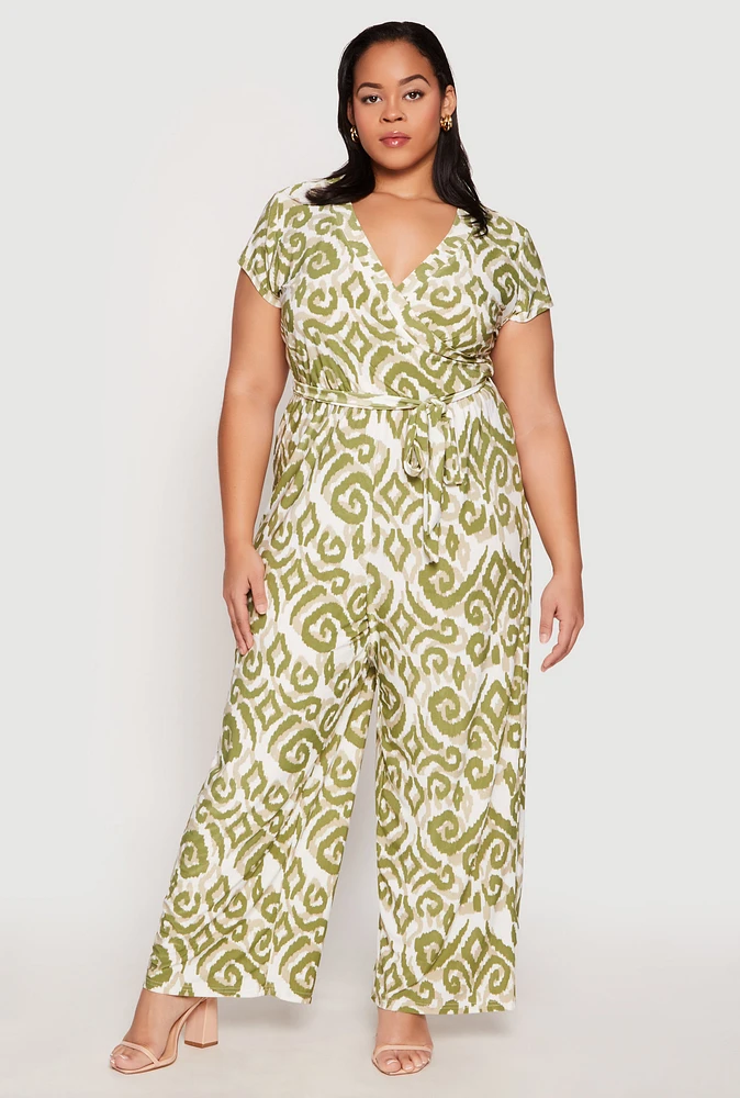 Womens Plus Size Printed Pattern Faux Wrap Tie Waist Jumpsuit, Green, Size 3X