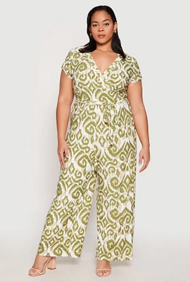 Womens Plus Size Printed Pattern Faux Wrap Tie Waist Jumpsuit, Green, Size 3X