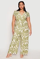Womens Plus Size Printed Pattern Faux Wrap Tie Waist Jumpsuit, Green, Size 3X