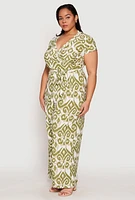 Womens Plus Size Printed Pattern Faux Wrap Tie Waist Jumpsuit, Green, Size 1X