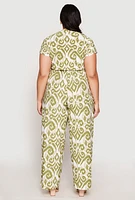 Womens Plus Size Printed Pattern Faux Wrap Tie Waist Jumpsuit, Green, Size 1X