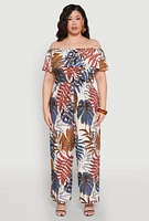 Womens Plus Size Tropical Print Off the Shoulder Jumpsuit, Multi, Size 1X