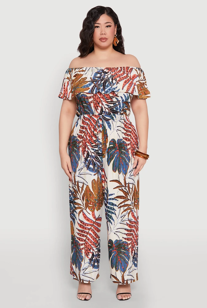 Womens Plus Size Tropical Print Off the Shoulder Jumpsuit, Multi, Size 3X