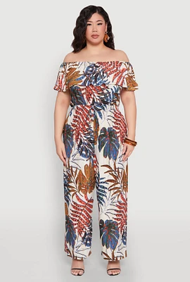 Womens Plus Size Tropical Print Off the Shoulder Jumpsuit, Multi, Size 3X