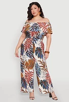 Womens Plus Size Tropical Print Off the Shoulder Jumpsuit, Multi, Size 1X