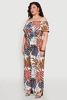 Womens Plus Size Tropical Print Off the Shoulder Jumpsuit, Multi, Size 1X