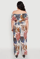 Womens Plus Size Tropical Print Off the Shoulder Jumpsuit, Multi, Size 1X