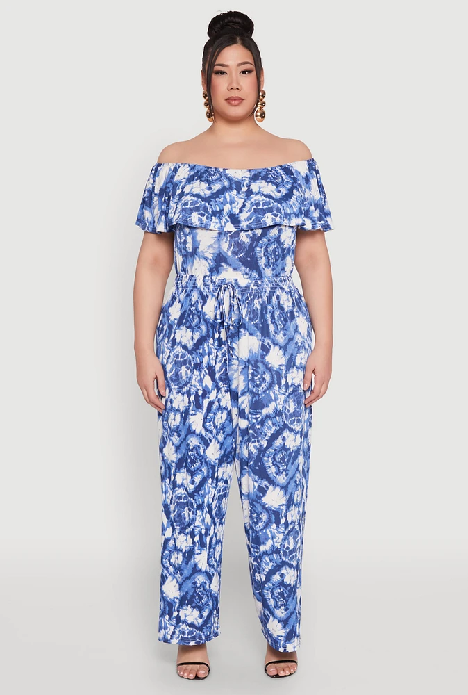 Womens Plus Tie Dye Off the Shoulder Jumpsuit, Blue,