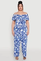 Womens Plus Size Tie Dye Off the Shoulder Jumpsuit, Blue, Size 2X