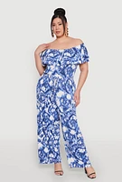 Womens Plus Size Tie Dye Off the Shoulder Jumpsuit, Blue, Size 2X