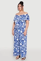 Womens Plus Size Tie Dye Off the Shoulder Jumpsuit, Blue, Size 2X