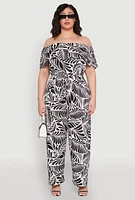 Womens Plus Size Leaf Print Off the Shoulder Jumpsuit, Multi, Size 1X