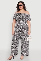 Womens Plus Size Leaf Print Off the Shoulder Jumpsuit, Multi, Size 1X