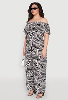 Womens Plus Size Leaf Print Off the Shoulder Jumpsuit, Multi, Size 2X