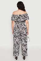 Womens Plus Size Leaf Print Off the Shoulder Jumpsuit, Multi, Size 1X