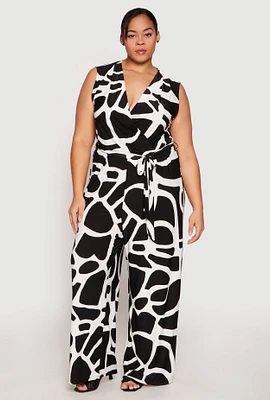 Womens Plus Size Printed Wide Leg Faux Wrap Jumpsuit, Black, Size 3X