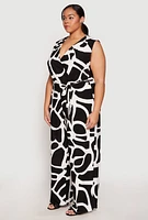 Womens Plus Size Printed Wide Leg Faux Wrap Jumpsuit, Black, Size 2X