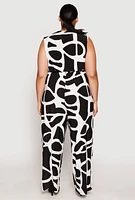 Womens Plus Size Printed Wide Leg Faux Wrap Jumpsuit, Black, Size 2X