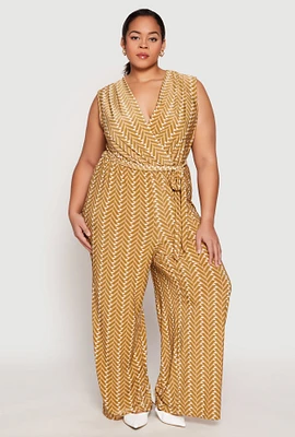 Womens Plus Size Chevron Wide Leg Faux Wrap Jumpsuit, Beige, Size 1X