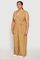 Womens Plus Size Chevron Wide Leg Faux Wrap Jumpsuit, Beige, Size 1X