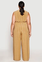 Womens Plus Size Chevron Wide Leg Faux Wrap Jumpsuit, Beige, Size 1X