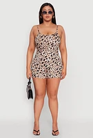 Womens Plus Size Leopard Print Cami Romper, Brown, Size 2X