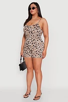 Womens Plus Size Leopard Print Cami Romper, Brown, Size 2X