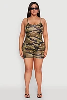 Womens Plus Size Camo Cami Romper, Green, Size 1X