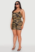 Womens Plus Size Camo Cami Romper, Green, Size 1X