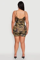 Womens Plus Size Camo Cami Romper, Green, Size 1X