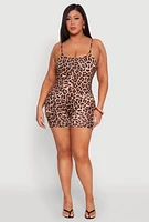 Womens Plus Size Leopard Print Scoop Neck Cami Romper, Brown, Size 1X