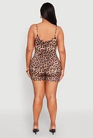 Womens Plus Size Leopard Print Scoop Neck Cami Romper, Brown, Size 1X